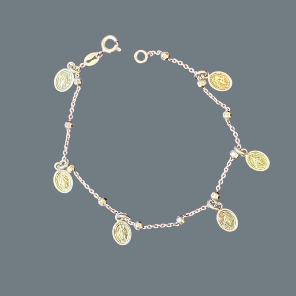 Vintage Sterling Miraculous Mary MINI (6) Medal 7” Charm Bracelet  ITALY 925